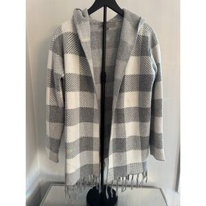 Almost Famous Hooded Plaid Cardigan Gray Ivory Fringe Cozy Boho M
